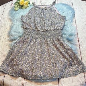 Miami Smocked Waist Floral Metallic Stripe Mini Dress sz M